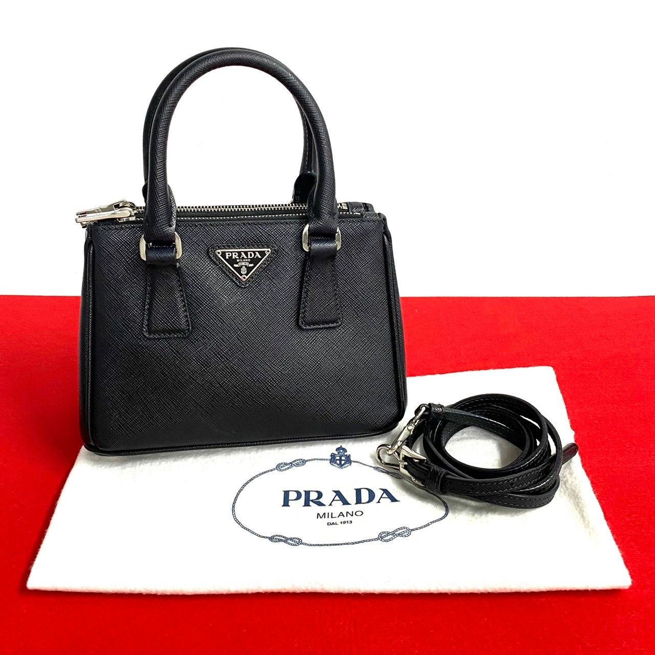 ほぼ未使用 袋付き PRADA プラダ ガレリア ミニ 三角ロゴ 金具 サフィアーノ レザー 2way ショルダーバッグ ハンドバッグ ブラック  20037 - メルカリ