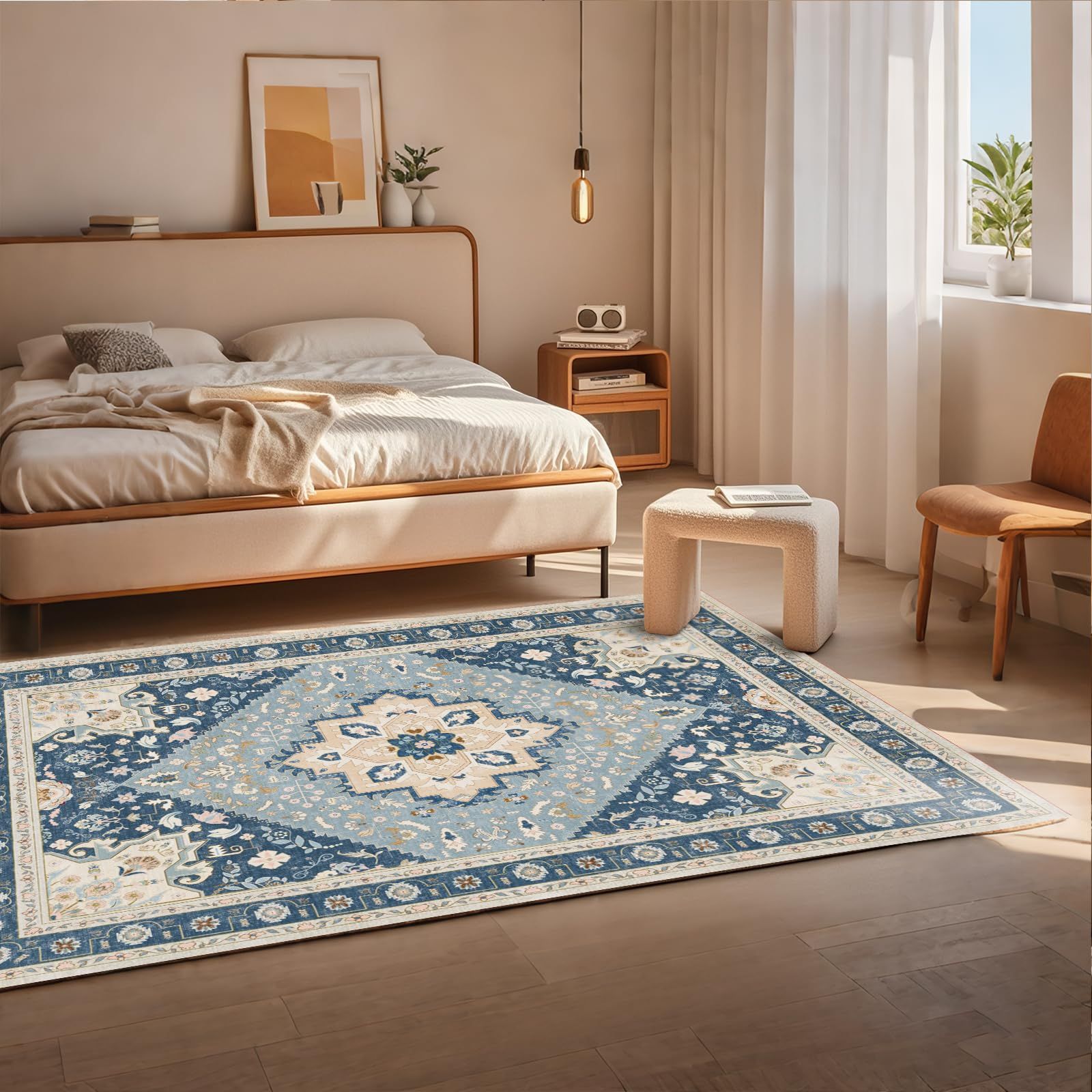 HiChiclife ラグマット ペルシャ風 ラグ カーペット 滑り止め 約1.5畳 120x160cm ホットカーペット対応 耐磨耗性 防音マット ふわふわ 絨毯 洗えるラグマット 軽量 花柄 北欧 ブルー2