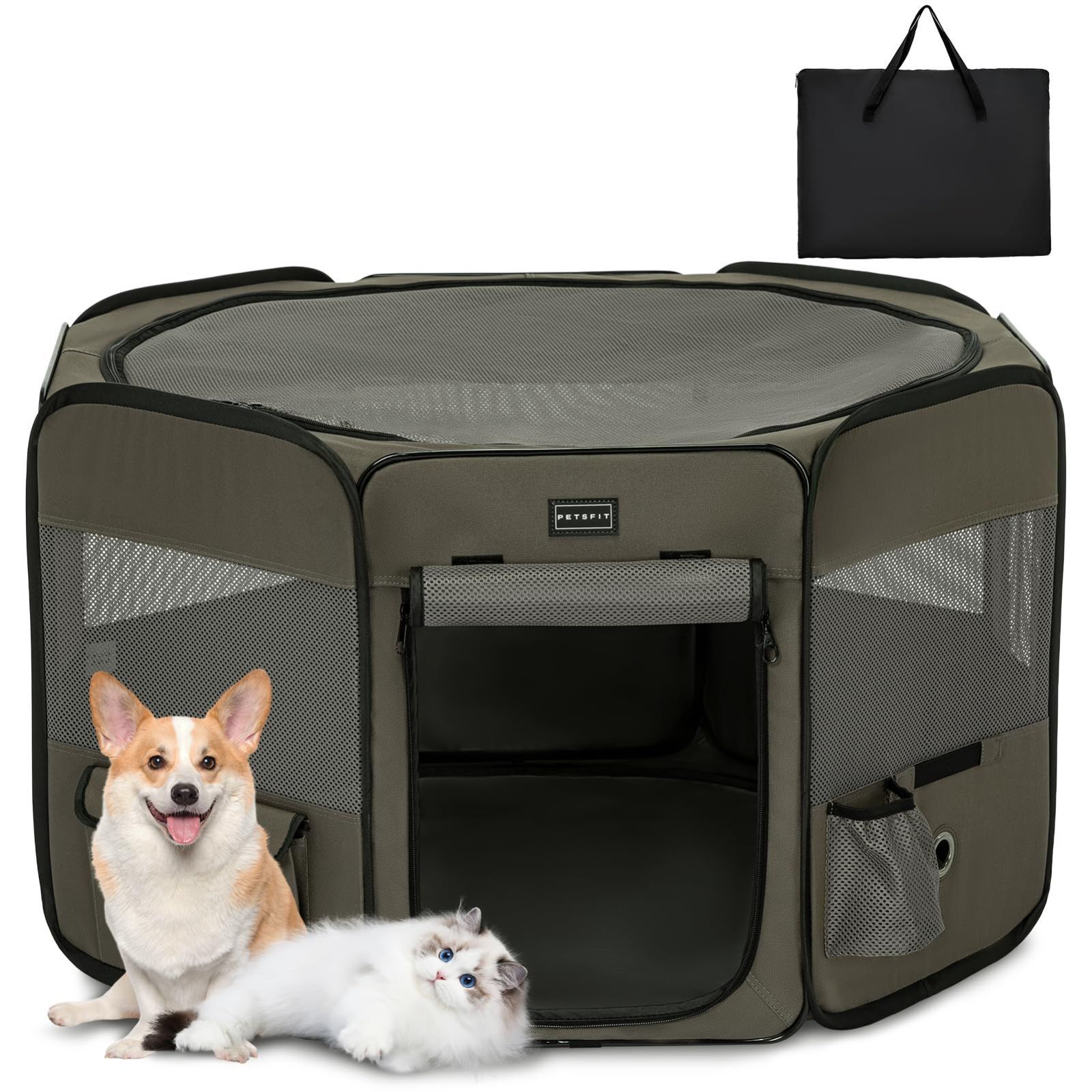 新着商品 Petsfit 犬 サークル ペットサークル 八角形 ドッグハウス パッと開いて 猫の産屋 猫の分娩室 折りたたみ 犬猫兼用 メッシュ 屋根付き 軽量 収納バッグ付き 部屋のインテリアに馴染み キャンプ アウトドア お出かけ用品 中小
