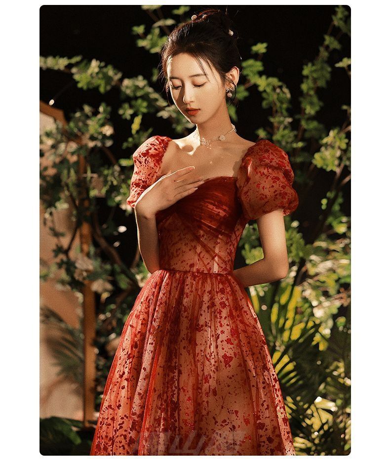 送料無料 ワインレッドドレス レディース Aライン 深Vネック ヘップバーン風 敬酒服 感 スタイルアップ 在逃プリンセス風WP今だけ 109