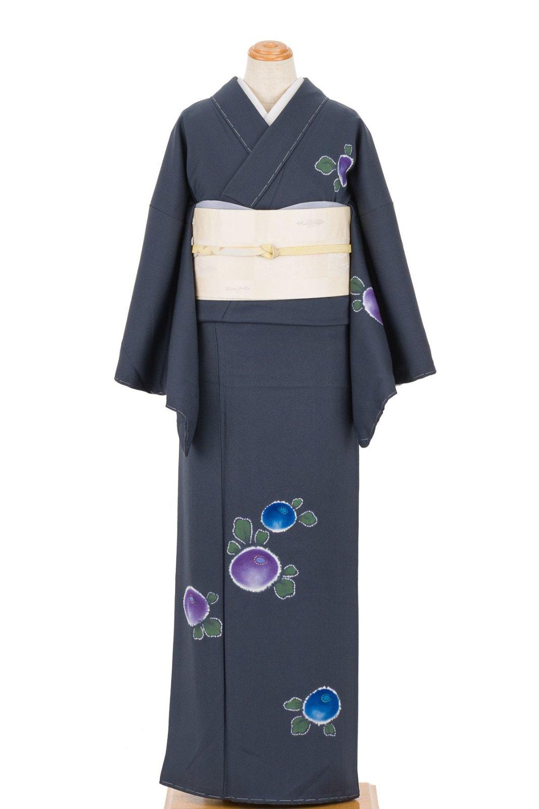 付け下げ 紫と青の菊 ゆったりサイズ