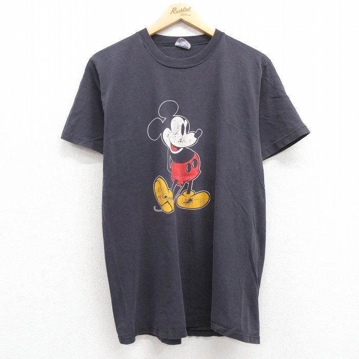 L/古着 半袖 ビンテージ Tシャツ メンズ 80s ディズニー ミッキー コットン クルーネック 黒 ブラック spe 24aug02 中古