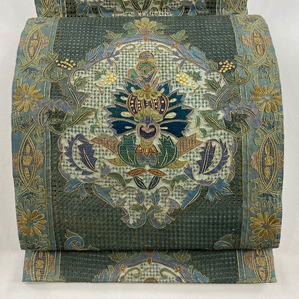 袋帯 華文 葡萄 金糸 刺繍 深緑 全通 正絹