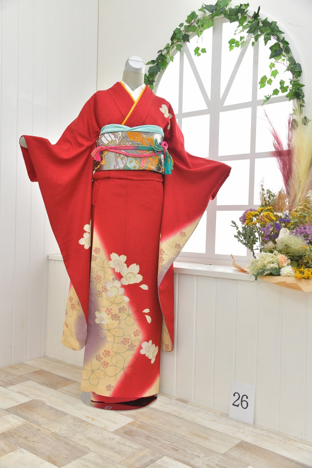 振袖☆成人式☆桜☆古典系☆絞り☆ラメ入り☆赤☆正絹☆裄72cm☆単品