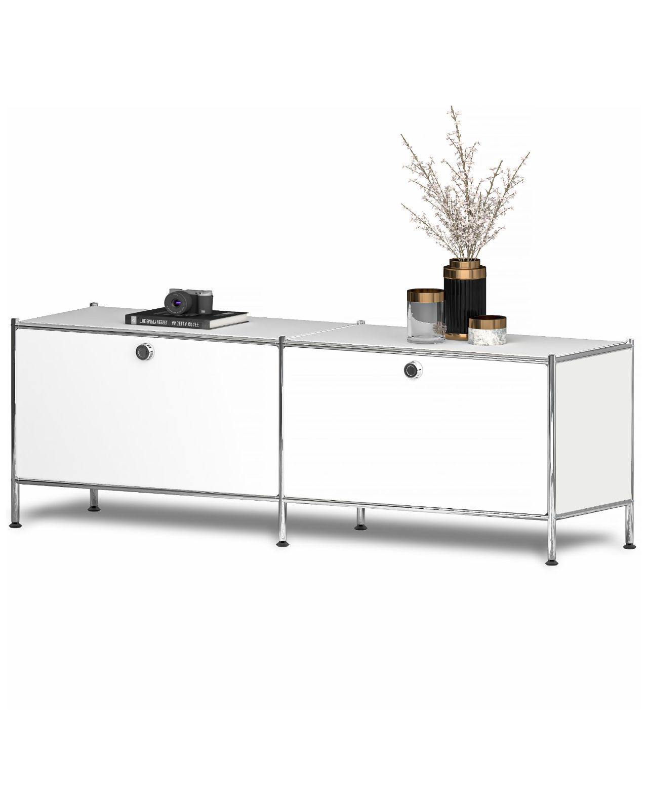 在庫処分 リビング オフィス 寝室用 DIY組立 モダンデザイン 北欧風 大容量収納キャビネット フラップ扉付き アイボリー 幅152cm×奥行40cm 金属ローボード SimpLink