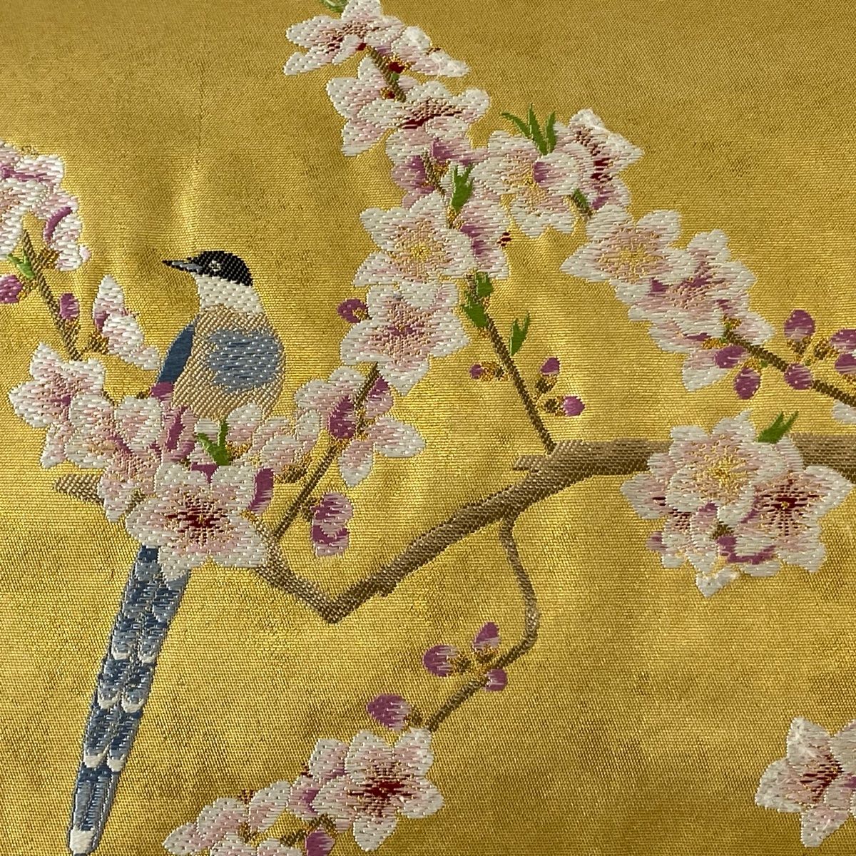 袋帯 名品 長嶋成織物 落款 瀞金錦 鳥 桃花 箔 金色 お太鼓柄