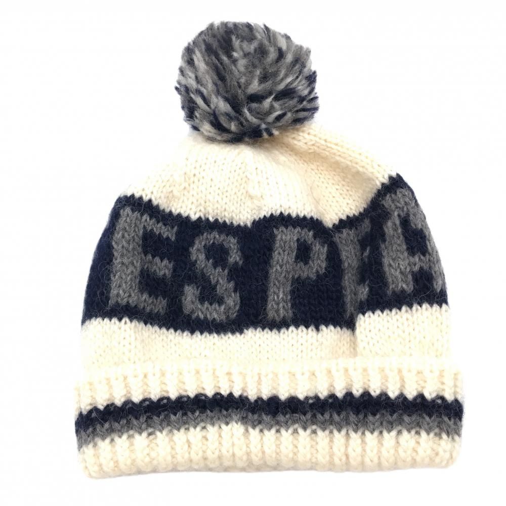 美品】パーリーゲイツ ニット帽 アイボリー×ネイビー×グレー ボンボン