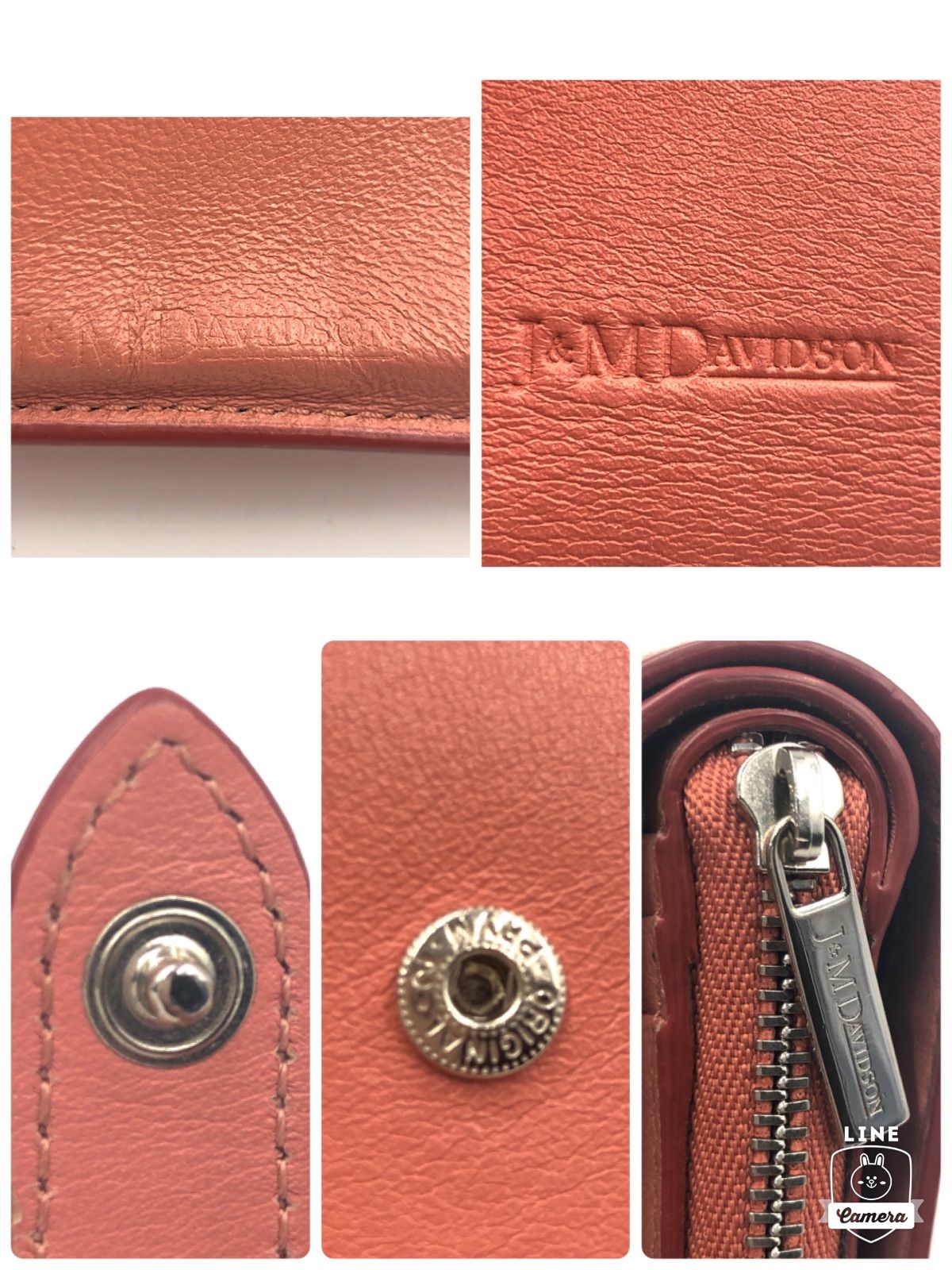 ■美品■J&M DAVIDSON  ジェイアンドエムデヴィッドソン　ロゴ型押し　二つ折り財布　レザー　本革　サーモンピンク　シルバー金具　レディース