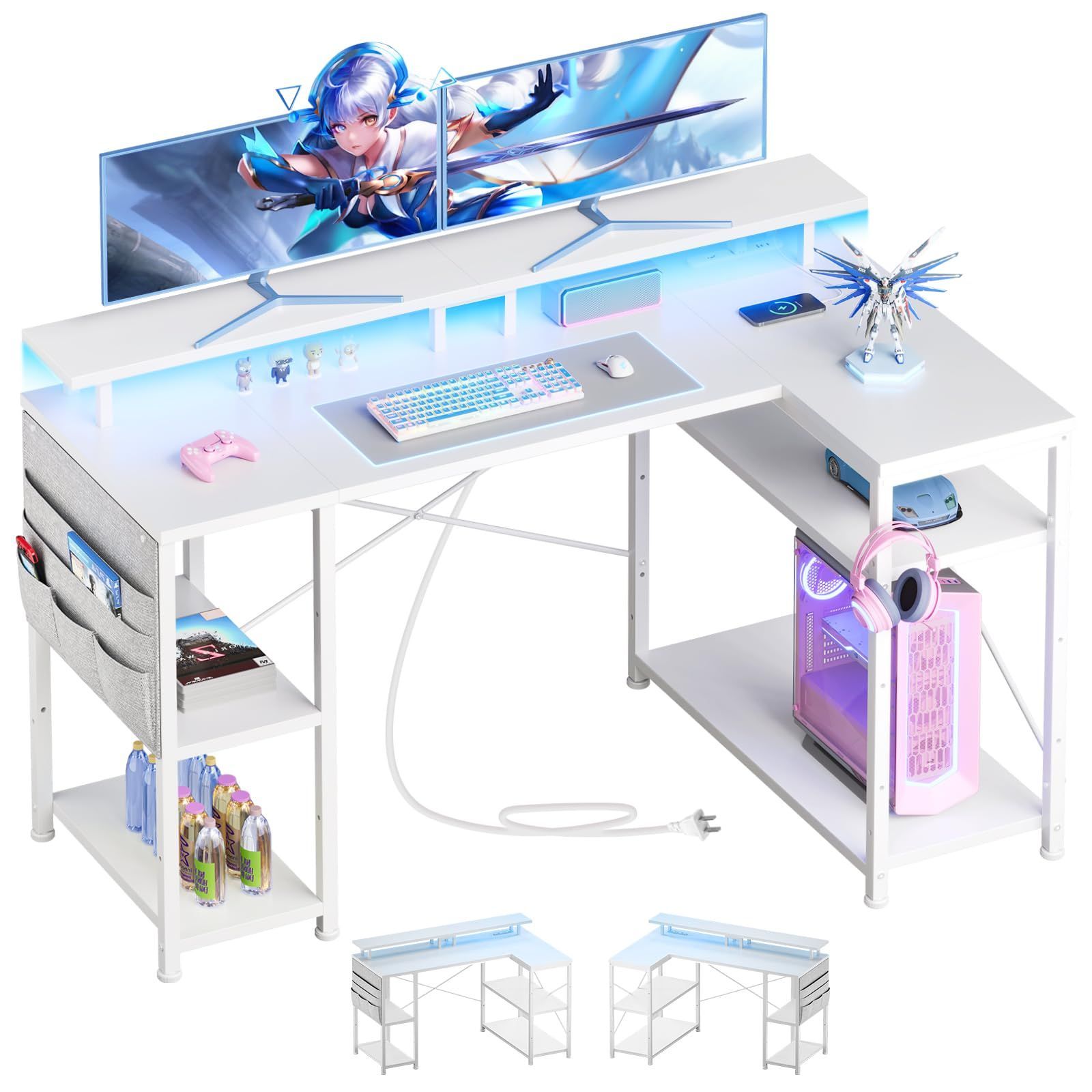 人気商品 ゲーミングデスク 幅130cm LEDライト付き パソコンデスクpcデスク コーナーデスク 棚板高さ調節 収納袋付き l字デスク L字型 PC 勉強机 作業 YeTom 在宅勤務 リモートワーク ゲーム 書斎白い