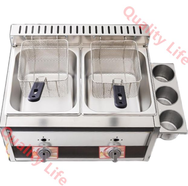 大型ガスフライヤーLPガス用プロのガスフライヤー 10L 2バスケットと蓋付業務用家庭用キッチン用金属管付きステンレス鋼カウンタートッププロパン厨房機器揚げ物 55 44 27cm シルバー