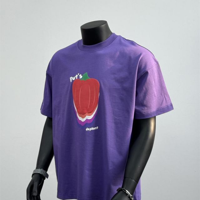 秋冬 コーデ メンズ 服 シンプル ファッション オシャレ 大人 かっこいい 大きいサイズ ストリート 紳士服 厚手 綿 半袖 果物 野菜 プリント T シャツ OVERSIZE パープル 3