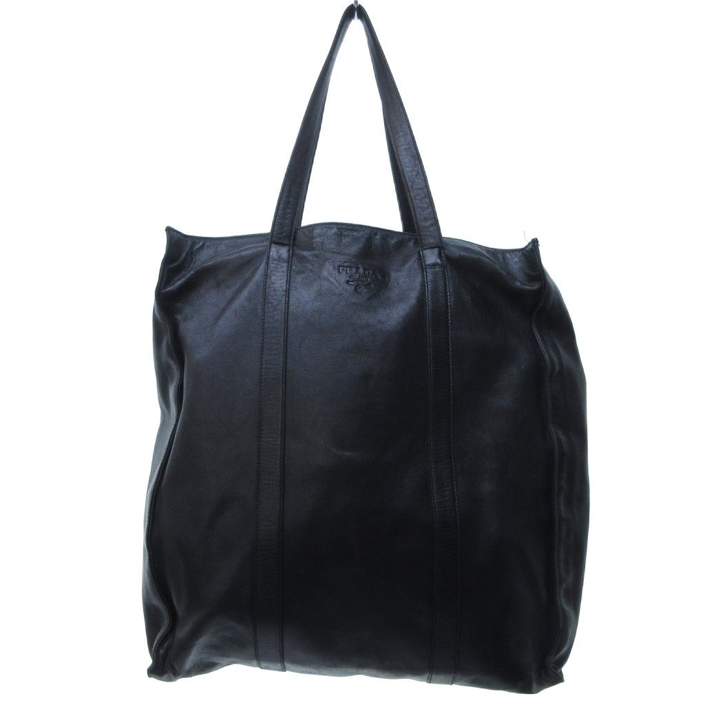 プラダ PRADA ロゴ型押し オールレザー トートバッグ ハンドバック 黒 ブラック