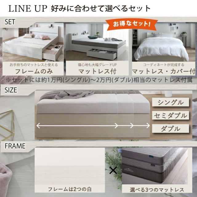 種類29：ダブル/マットレスu0026ホテルスタイルカバ-付/ニュアンスホワイト/ベストセラーモデルマットレス/ベビーピンク ベッド 白 収納付き 白い 白色 ホワイト おしゃれ 可愛い かわいい 収