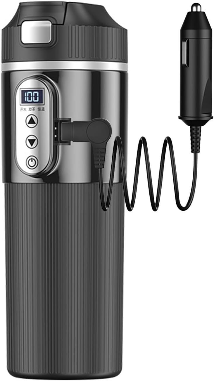 美品 「お湯/お茶/恒温」 車載電気ケトル 500ml DC12V小型車/24Vトラック兼用 15-25分だけで沸騰???保温 断熱 車用 カップ 湯沸し器 電気ポット 温度表示 304ステンレス鋼 車中泊 カップラー-327