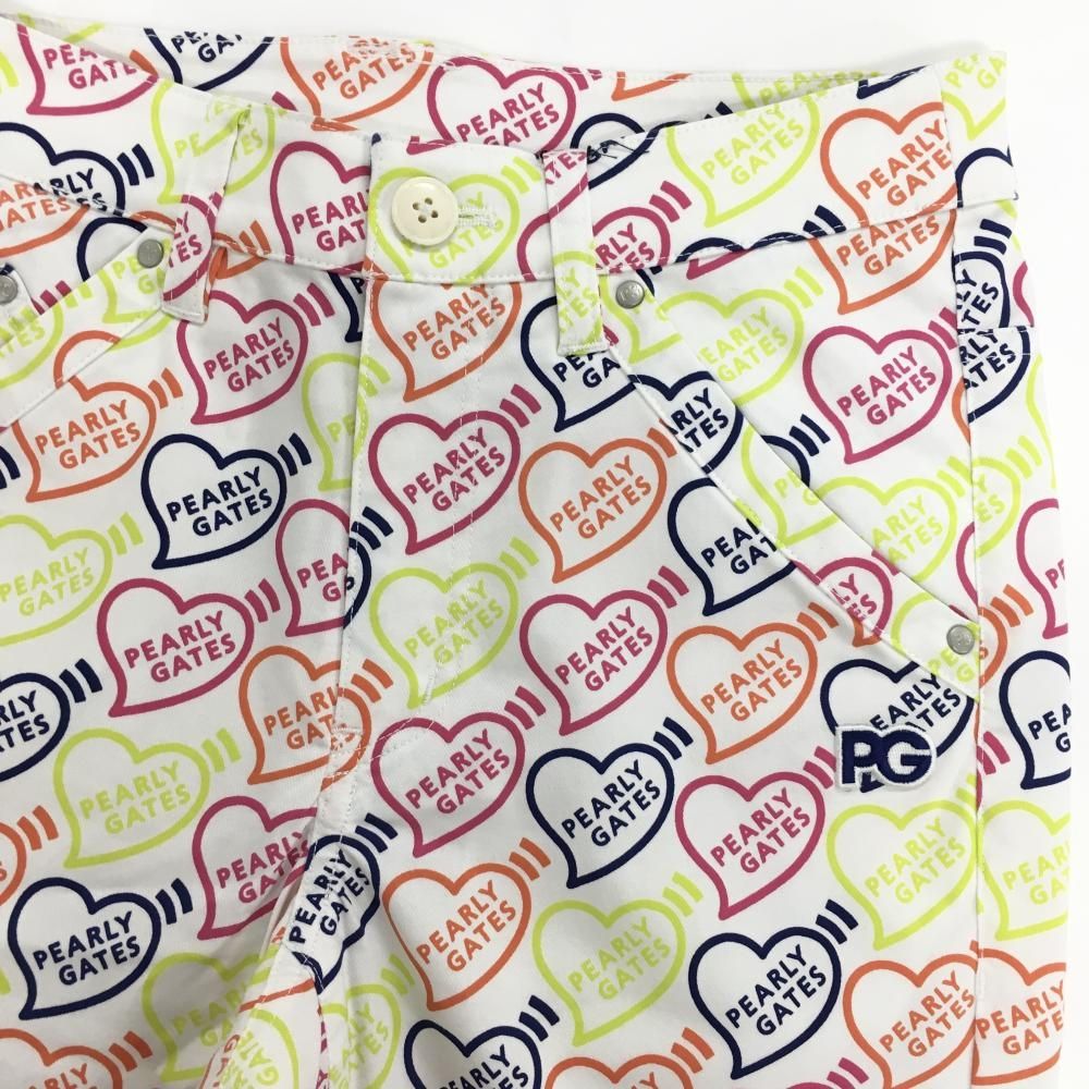 ２０１４新作超特価。 パーリーゲイツ パンツ 白×マルチ ハートロゴ総柄 ストレッチ レディース 00 XS ゴルフウェア PEARLY GATES 鮮やかさが溢れる