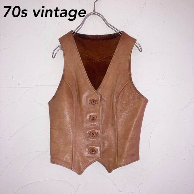 70s ビンテージ キャメル ブラウン レザー ベスト vintage vest