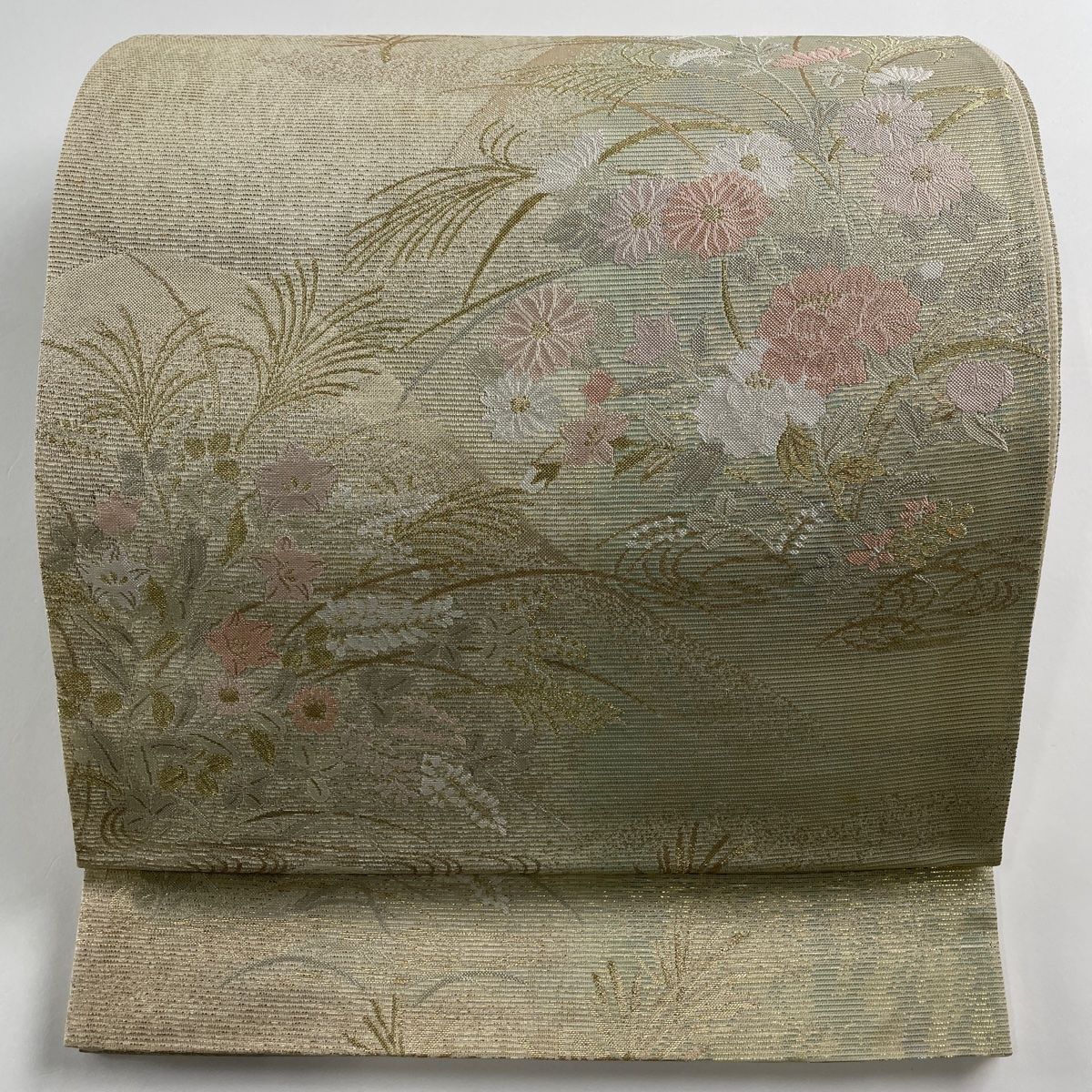 袋帯 秀品 夏帯 絽 秋草 山 金糸 箔 ベージュ 六通 正絹 【中古