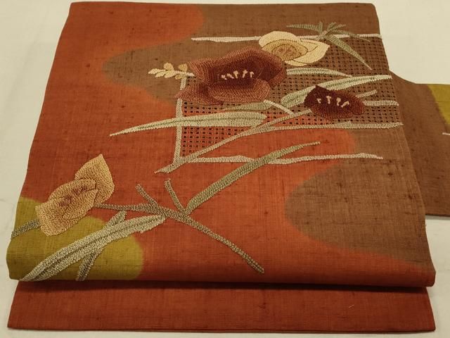 名古屋帯】相良刺繍 瓢箪模様 汕頭刺繍 紬 正絹 カジュアル