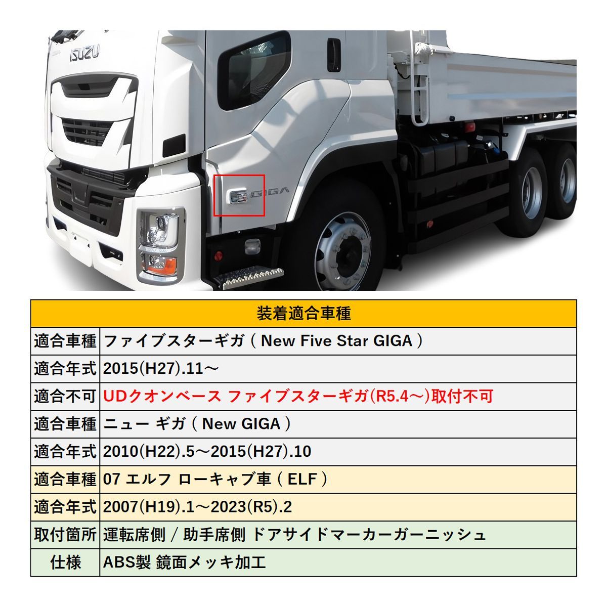 07 エルフ ローキャブ車 ドア サイドマーカー ガーニッシュ ABS製 鏡面メッキ 左右セット - メルカリ