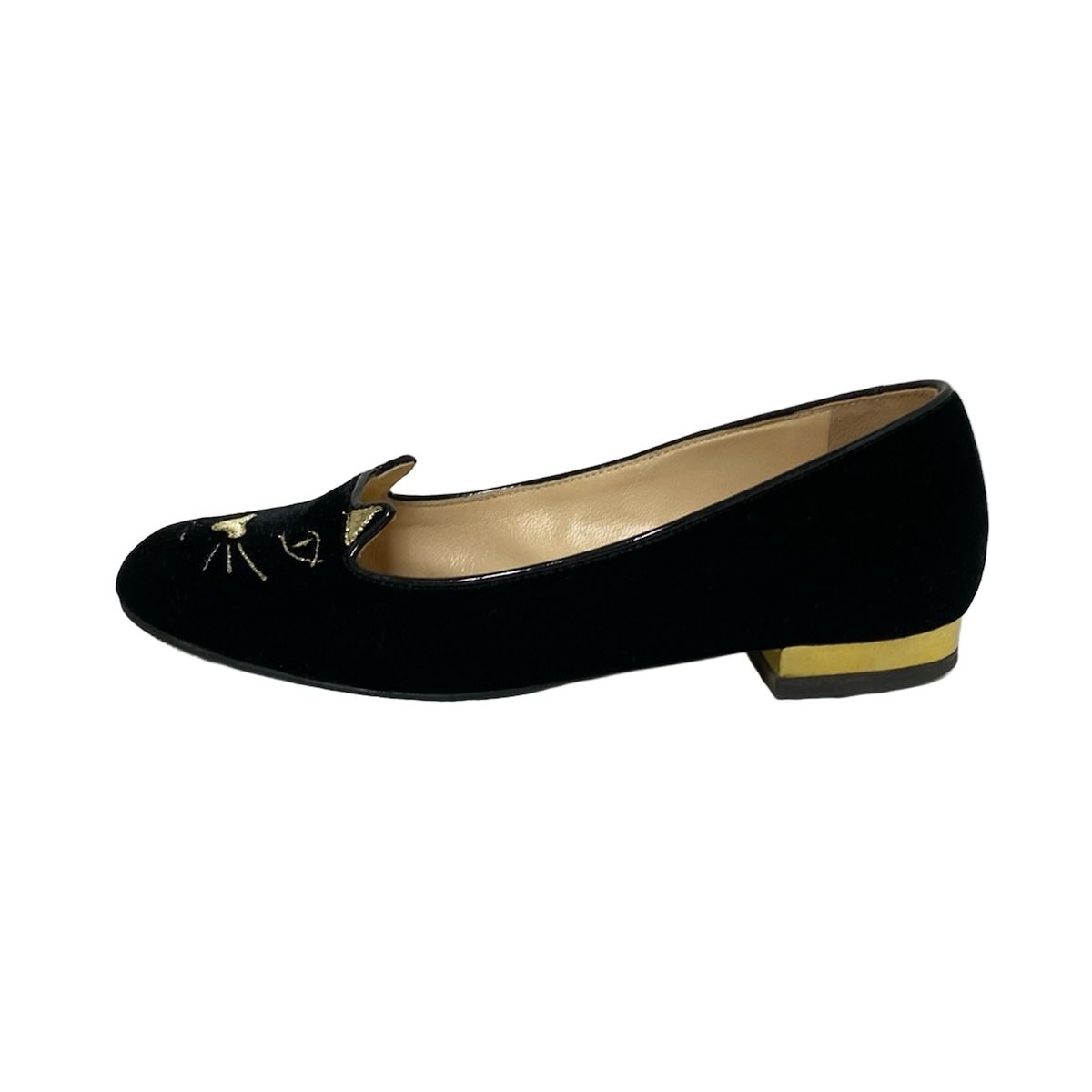 Charlotte Olympia シャーロットオリンピア フラットシューズ 35 1|2 レディース Kitty Flats 黒×ゴールド ネコ|アウトソール張替済