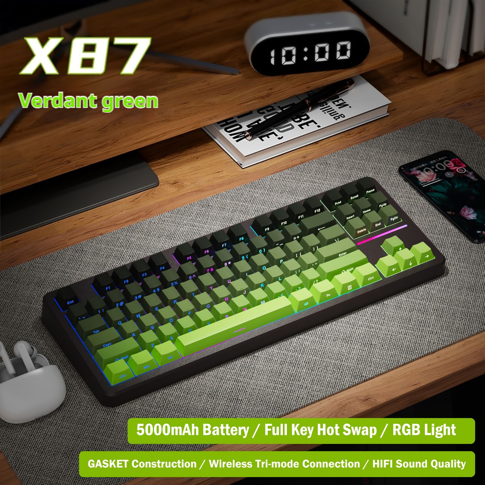 X87 メカニカルキーボードRGBバックライトワイヤレスポータブル快適ALD
