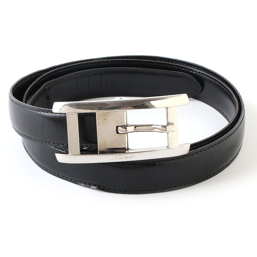 Cartier カルティエ ブラックレザーベルト シルバーロゴバックル カルティエ Cartier バックルベルト ロゴ 黒 ブラック 銀 シルバー
