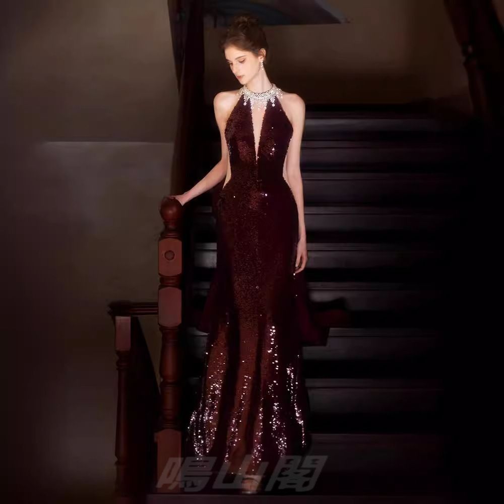 送料無料 レディース 亮片 ドレス 結婚式 新婦 ワインレッド 祝宴 結婚式パーティー 感 魚尾ドレス 挙式 体型カバー 長袖WPまとめ買い割引103