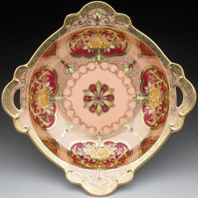 オールドノリタケ イエローレッド地金盛り花束絵 スクエアボウル 23cm