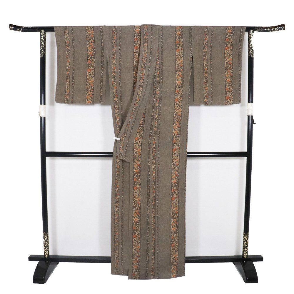 単衣 縮緬小紋 正絹 グレー 橙色 唐花 横縞 トールサイズ ki32142 美品