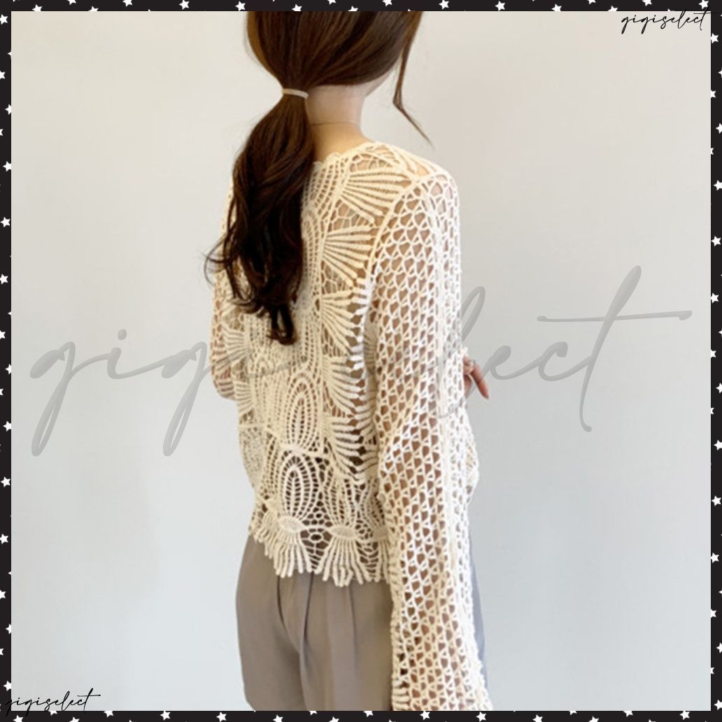 【試着のみ未使用】rich♡ クロシェ編みが可愛い♡サマーニットトップス かぎ編みサマーニット 透かし編みトップスレディース 長袖