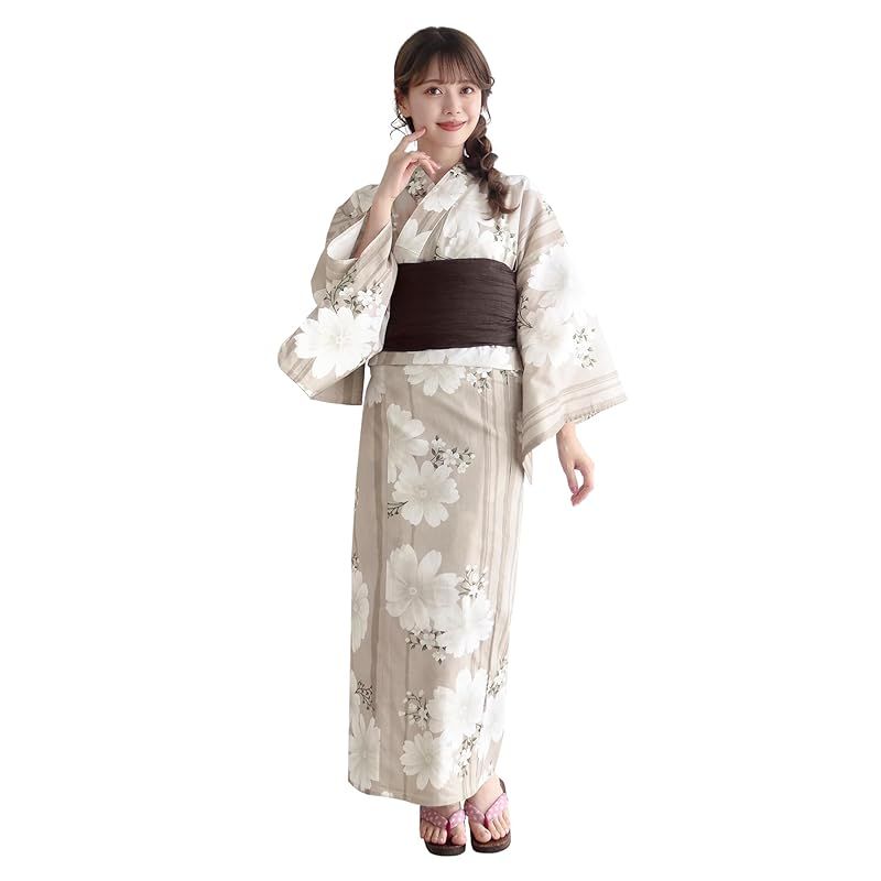 KYOETSU キョウエツ 浴衣セット 変わり織 生成り 6点セット 浴衣 兵児帯 肌着 下駄 腰紐 レディース F 14.黄昏の蜃気楼 フリーサイズ 0