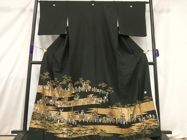 別誂黒留袖正絹袷比翼付作家謹製金彩螺鈿創作品 平和屋着物□豪華黒留袖 作家物 人物風景文 祇園祭 金彩 正絹