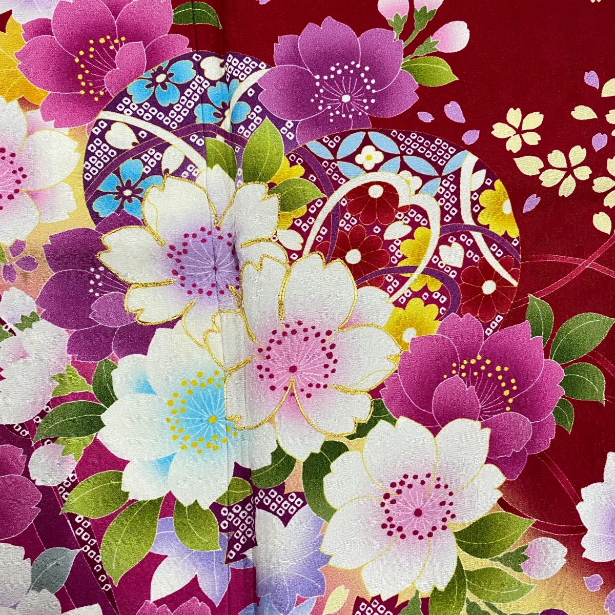 振袖 身丈170cm 裄丈73.5cm L 袷 桜 鞠 金糸 染め分け 赤 正絹 美品  