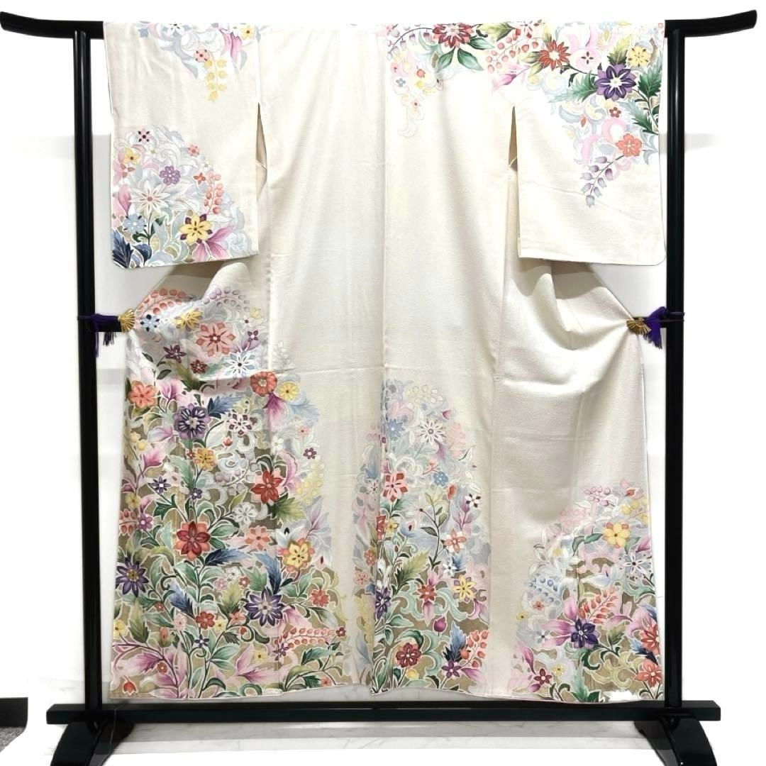 セミアンティーク　訪問着　刺繍　花模様　オフホワイト　華やか　着物　012a d セミアンティーク訪問着刺繍花模様オフホワイト華やか着物012a d