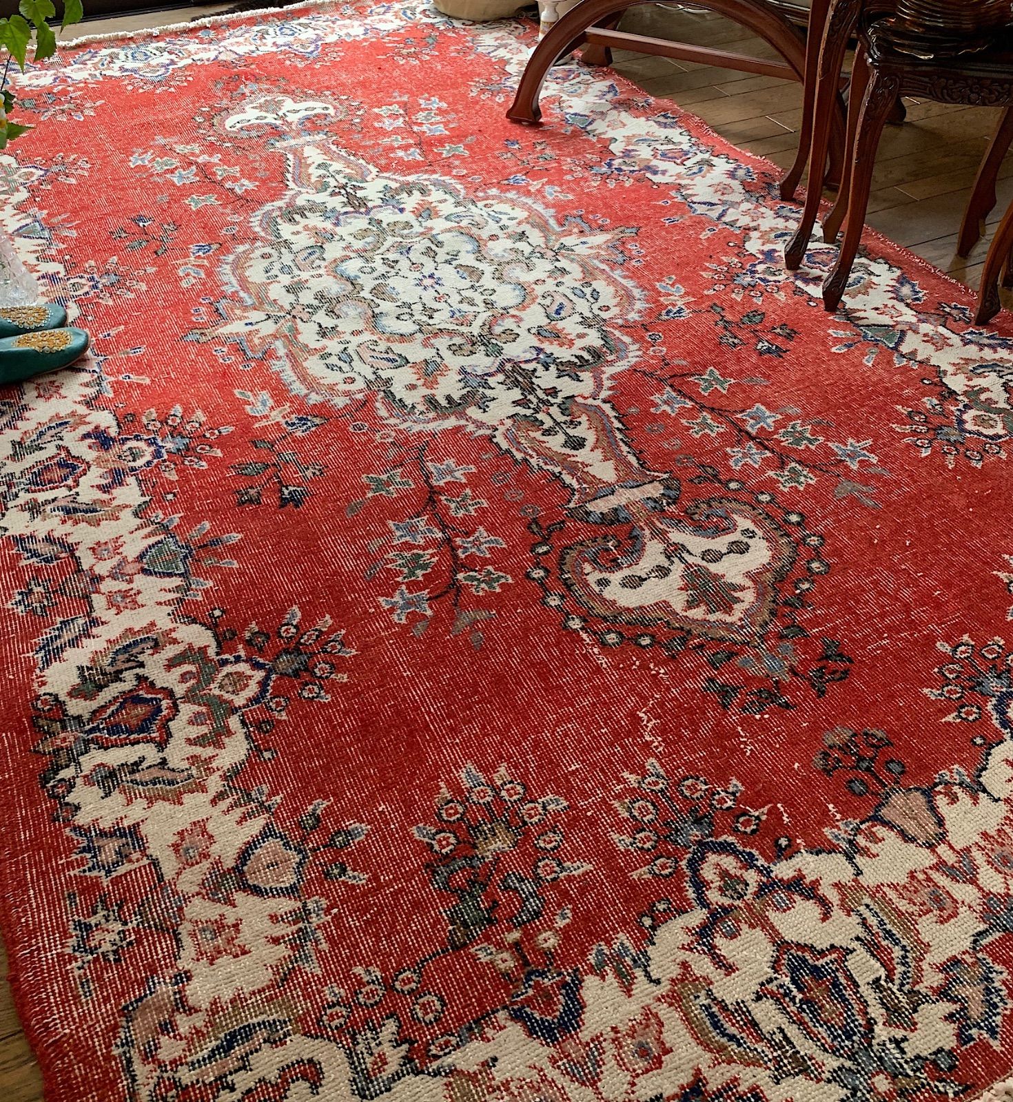 超大判 267×125 深みレッド メダリオン トルコヴィンテージラグ ウール