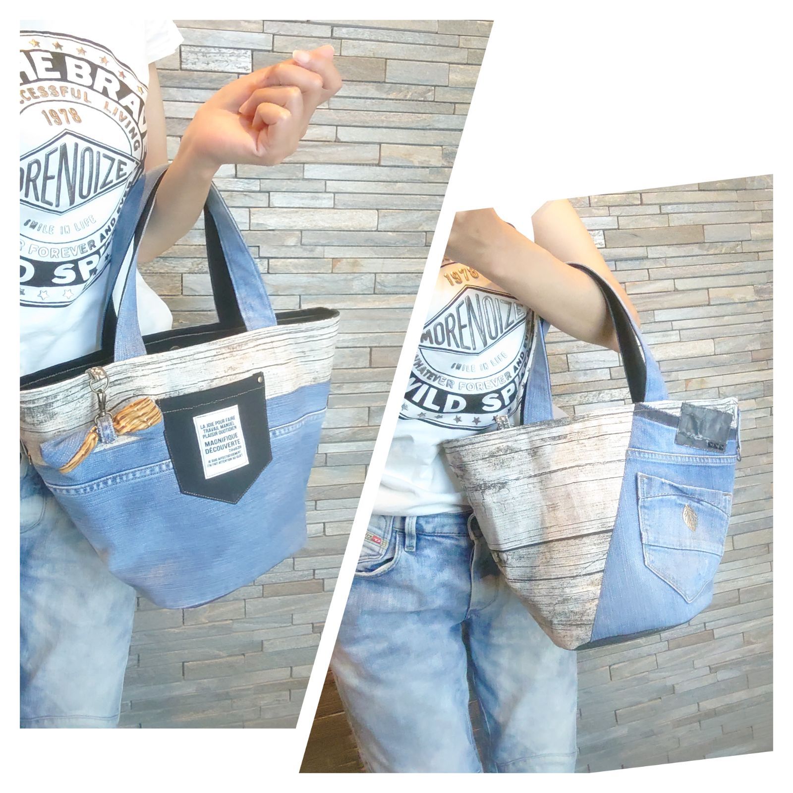 No.19 【DENIM✖️木目調BAG❇️】 デニムリメイクマルシェバッグ❤️-