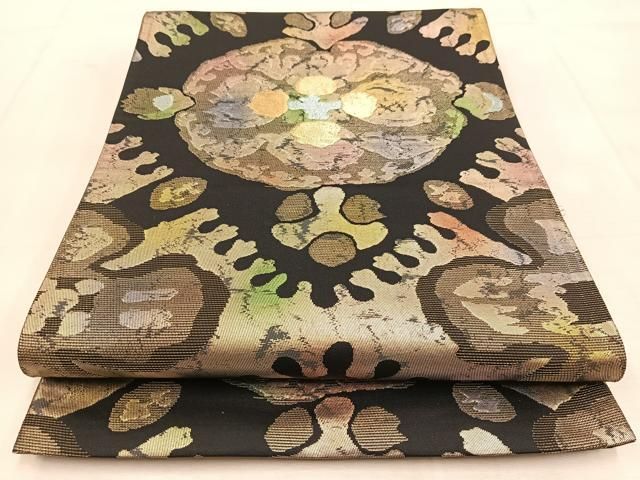 平和屋着物◎六通柄袋帯 抽象文様 黒地 金銀糸 正絹 逸品