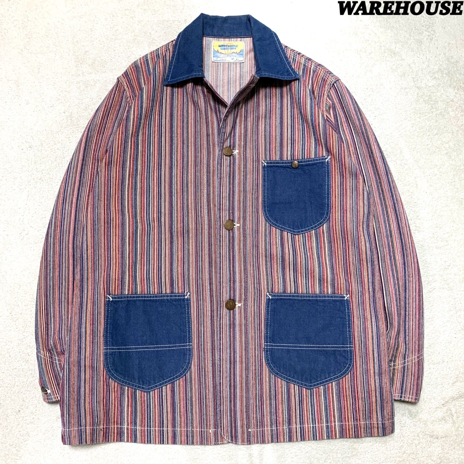 WAREHOUSE COVERALL Multi Stripe カバーオール ワークジャケット デニム 切り替え マルチストライプ サイズ40 マルチ インディゴ ウエアハウス