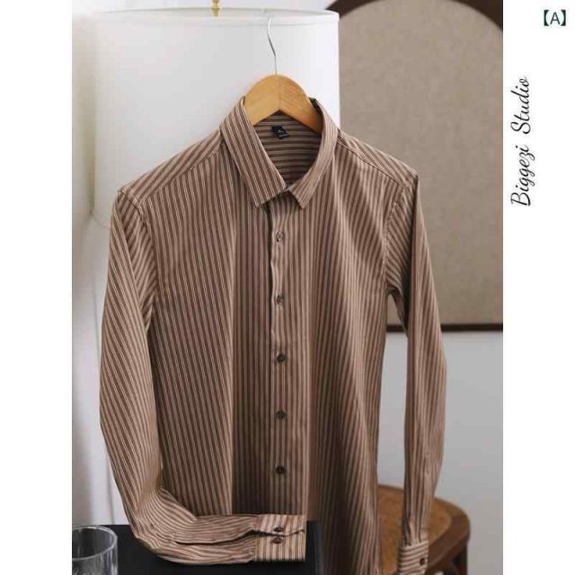 メンズ ファッション 服 用 オシャレ シンプル 大人 かっこいい 大きいサイズ ストリート 紳士服 レトロ ポインテッド ブラウン スリム 長袖 シワ防止 アメリカン ストライプ シャツ