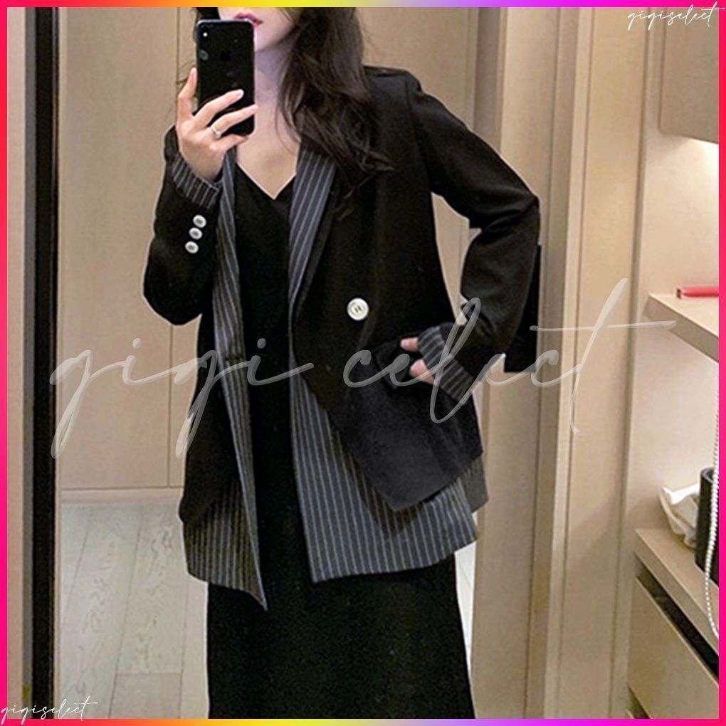 レイヤード風ストライプ柄オフィスカジュアル 切り替えこなれ感