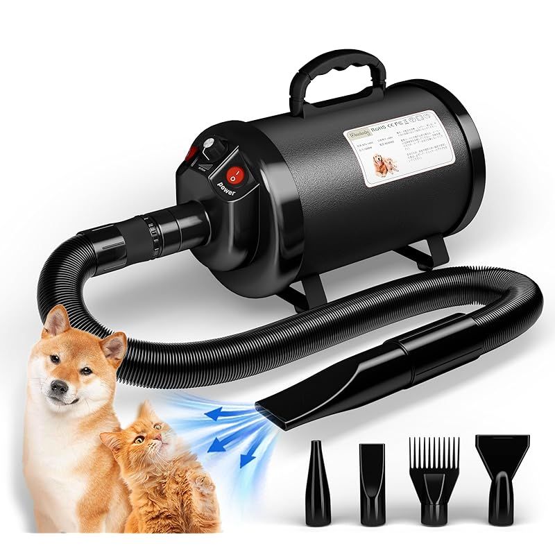 Blanlody 犬 ドライヤー 4.5PS | 3200W 低ノイズ 50dB 犬用ドライヤー 業務用 無段階 風速75m|s ペットドライヤー 自宅で 猫 ドライヤー 温度可調整 4つのノズル付きと ブラシ