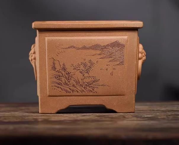 紫砂植木鉢 獅首奎面正方形鉢 盆栽鉢 植木鉢 小品盆栽鉢 大品盆栽鉢
