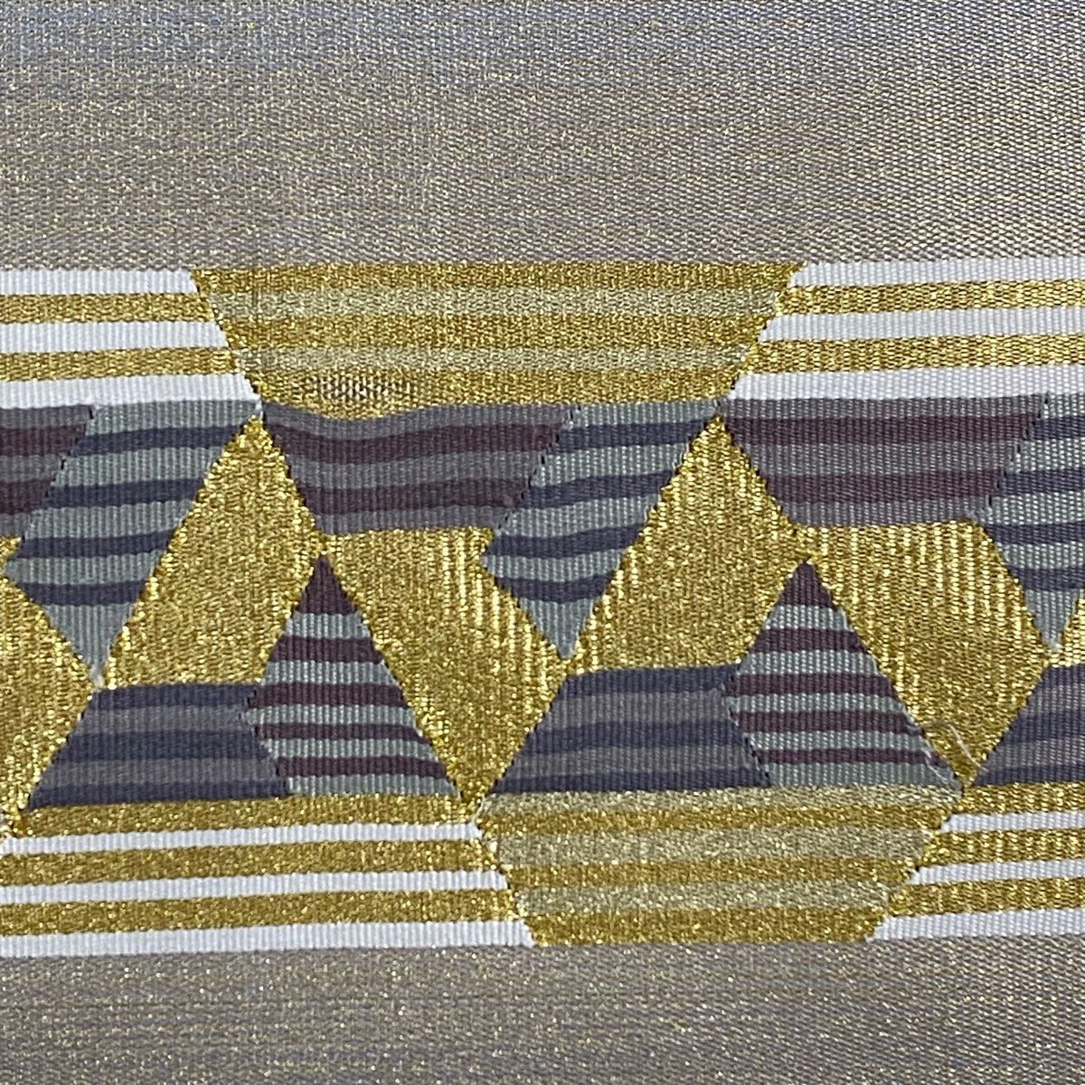 美品　袋帯　正絹　お太鼓柄　金糸　うぐいす　ベージュ　茶　組紐織　縦縞 美品 袋帯 正絹 お太鼓柄 金糸 うぐいす ベージュ 茶 組紐織