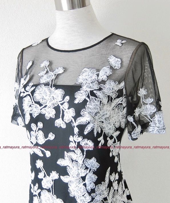 9,450円TADASHI SHOJI花刺繍ジャージーフレアワンピース黒白メタリック4P