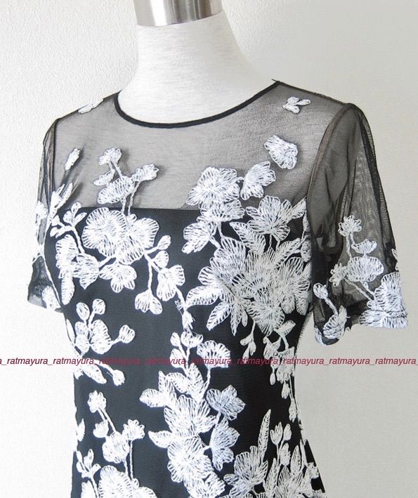 TADASHI SHOJI花刺繍ジャージーフレアワンピース黒白メタリックP 