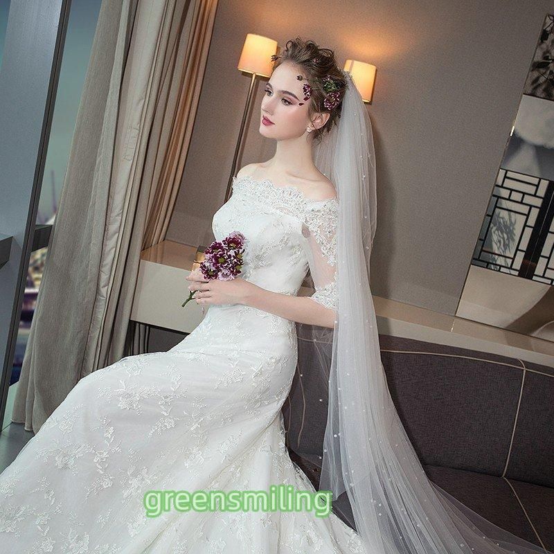 ウェディングドレス白 パーティードレス レース パフスリーブ 花嫁