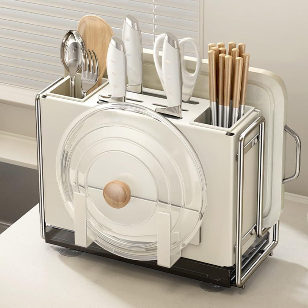 【大人気】Furniok 2-in-1 まな板スタンド 包丁スタンド キッチン収納 包丁立て 鍋蓋スタンド - お箸立て マグネット式 多機能キッチン用収納ラック 水切りトレイ付 省スペース 防錆 26.5×14×23cm