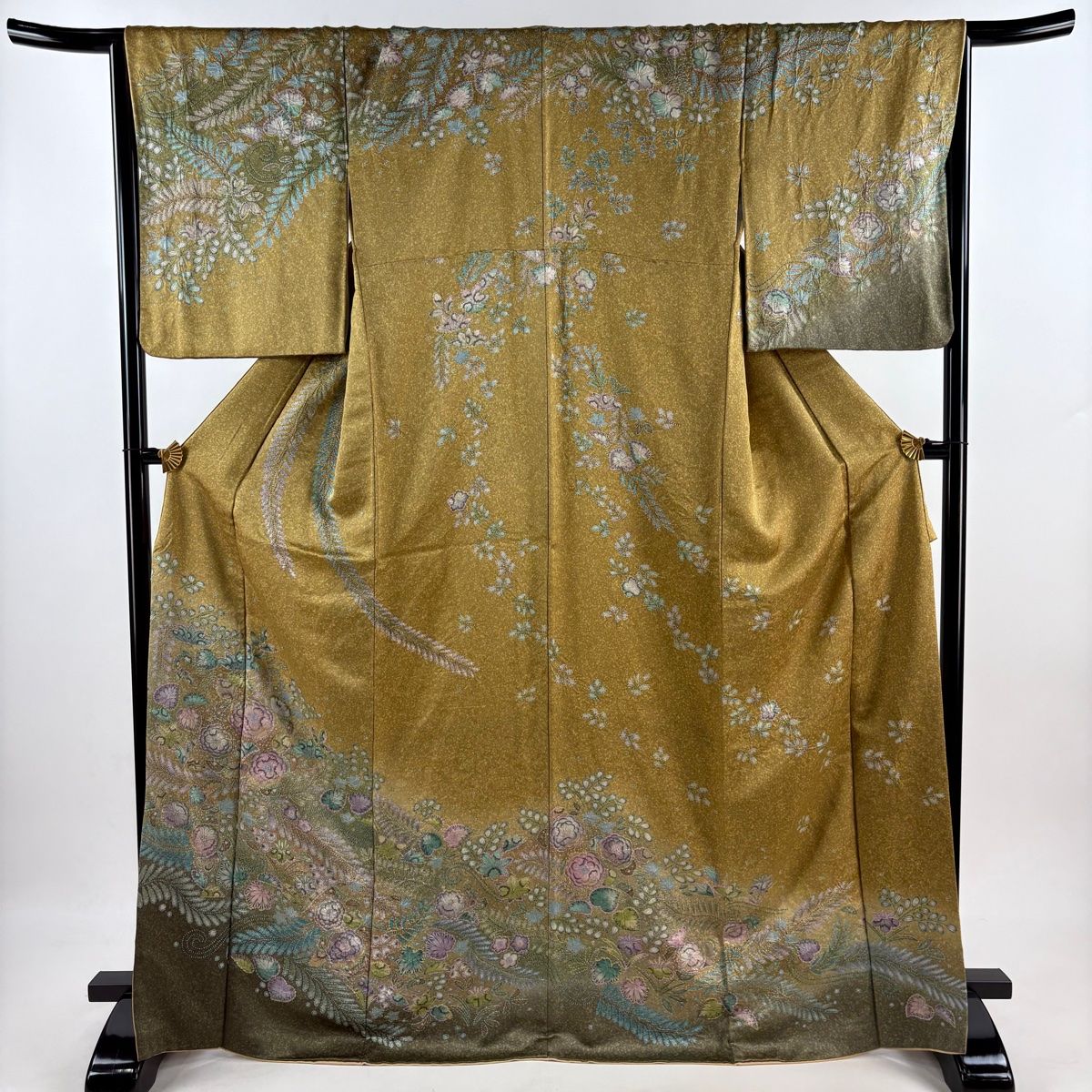 訪問着 身丈168.5cm 裄丈65.5cm M 袷 辻が花 金彩 ぼかし 黄土色 正絹 名品