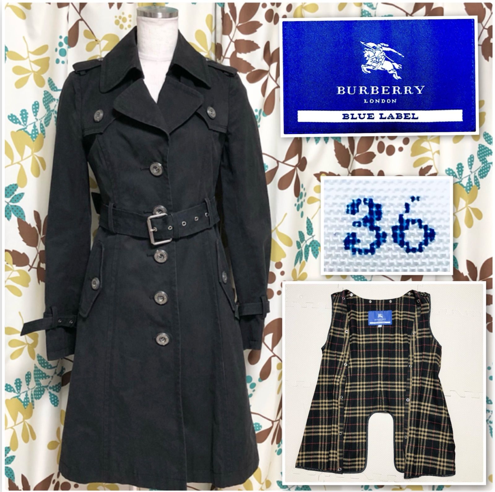 □美品□BURBERRY BLUE LABEL バーバリーブルーレーベル ライナー付きトレンチコート シングルロングコート ブラック 裏地フル ノバチェック size36 (サイズS相当) 三陽商会 日本製 ロゴボタン ベルト付き 本体コットン ライナーウール - メルカリ