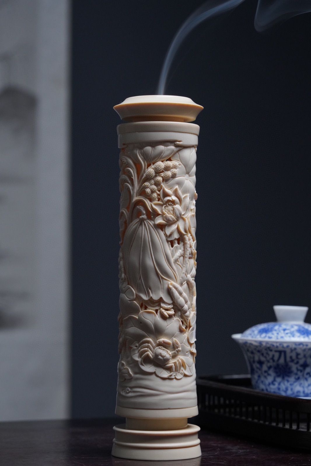 天然マンモス牙美しい手作り彫刻一鷺蓮昇香筒 | www.innoveering.net
